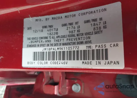 2019 Mazda Mazda3 из США, поврежденный, VIN JM1BPALM9K1105772